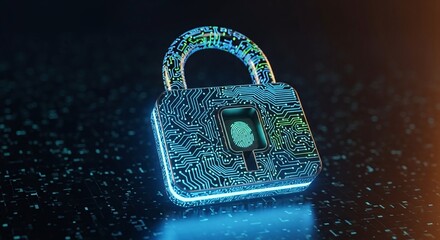 A glowing digital padlock with intricate circuit board patterns, symbolizing robust cybersecurity, data encryption, and advanced technological protection on a dark, reflective surface