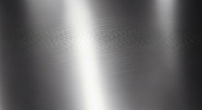 Closeup of a brushed metal surface with a bright highlight running diagonally across the center of the frame, showing texture