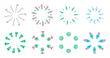 Set of cute round frame with flat dental care products isolated on white background. Personal oral care.