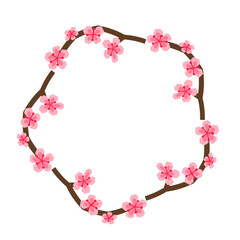 Cute round frame with paper craft floral sakura branches isolated on white background.