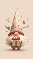 cute christmas gnome with a White and red patterned hat with delicate gold stars, holding a christmas gift 