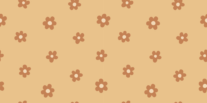 Delicate seamless pattern with petite daisy flowers in beige and brown colors. Minimal floral summer background.