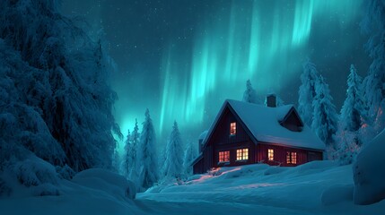 Hand drawn Christmas background illustration of a charming Nordic folklore house nestled in a snowy winter forest with frosted pine trees, warm glowing windows, and softly fwinter landscape with house