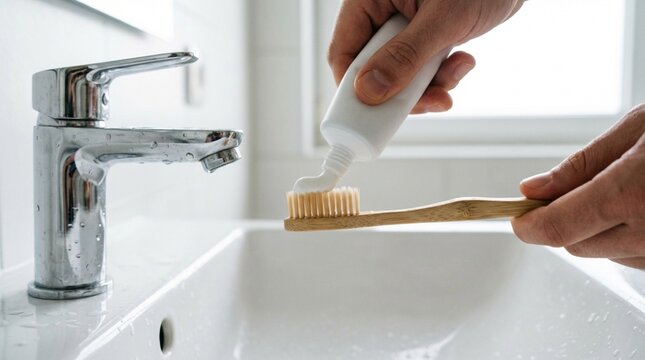 Person applying toothpaste on a wooden toothbrush