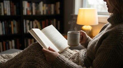 Woman reading a book with coffee near a bookshelf