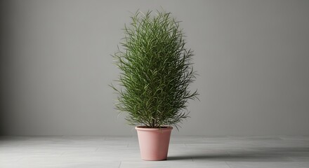 Tall green plant in a pink pot against a gray background