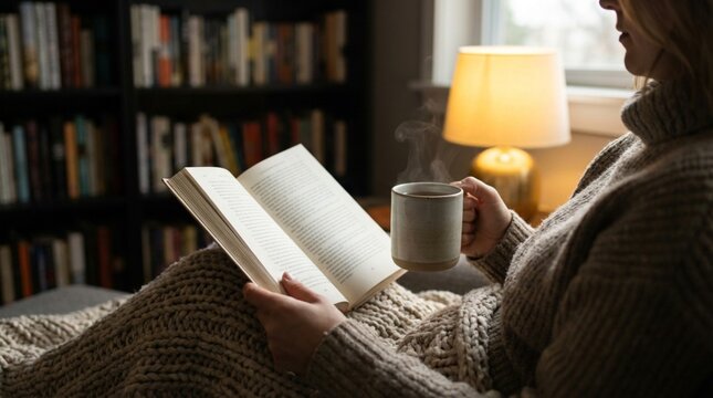 Woman reading a book with coffee near a bookshelf