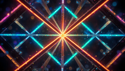 Geometric Neon Cube Structure with Bokeh Lights abstract