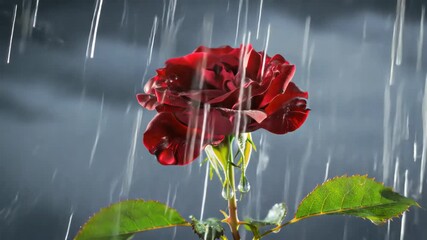 Close-up of single red rose bud in rain against a dark, cloudy sky. Water droplets on petals and leaves add to somber mood. Nature, plant. - Powered by Adobe