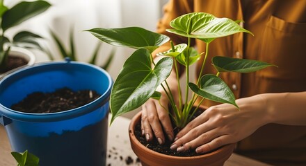 Woman repotting a houseplant with soil in a brown pot indoors
