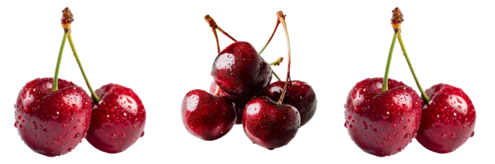 Set of Close-up shot of glossy red cherries with water droplets on transparent png background. Ai generated