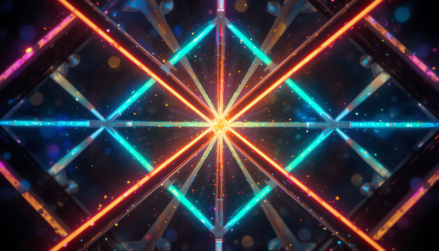Geometric Neon Cube Structure with Bokeh Lights abstract
