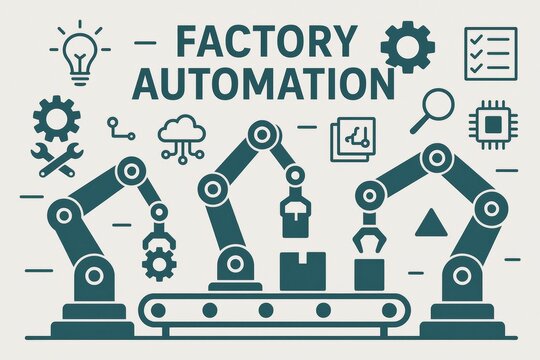 Factory automation concept with robotic arms and production line