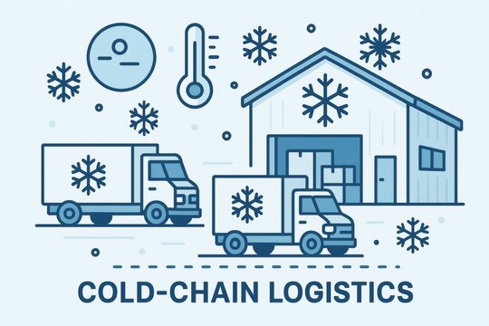 Cold chain logistics illustration with refrigerated trucks and warehouse