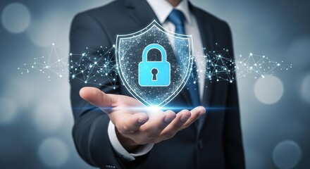 Businessman in a suit holding out his hand, presenting a glowing blue digital shield with a padlock icon, representing cybersecurity and data protection