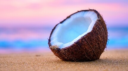 A coconut half on the beach at sunset landscape