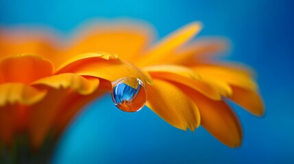The delicate freshness and tranquil mood of an orange flower in bloom are captured in a soft focus macro closeup of a petal with a water droplet, evoking calm