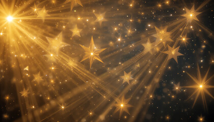 Golden Starbursts and Light Rays on Dark Background