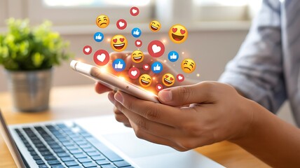 Person using smartphone with social media emojis and likes flying out mobile phone