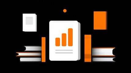 The business report features data analytics presented in a bar chart document and infographic highlighting growth and finance with an orange and black color scheme