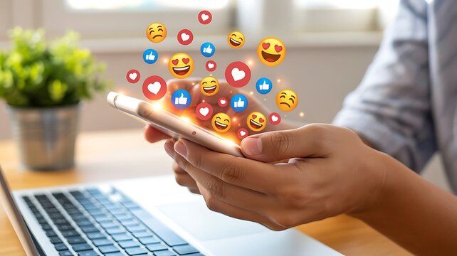 Person using smartphone with social media emojis and likes flying out mobile phone