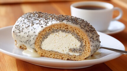 The dessert pastry known as swirl bread features a poppy seed icing and is often served as a sweet breakfast treat with a cup of tea on a wooden table alongside a homemade rustic glaze sweet roll