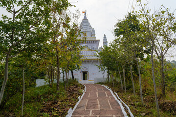 Obraz premium Historic Jain temple surrounded by lush trees, viewed from a forest pathway leading to the entrance, blending heritage architecture with natural greenery for a serene spiritual atmosphere