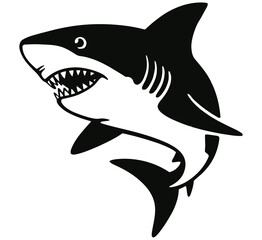 Obraz premium Black and white graphic silhouette of a great white shark swimming with mouth open showing sharp teeth,