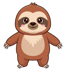 Fototapeta premium Cartoon sloth standing upright, cute animal character with blush cheeks, brown and beige fur, friendly pose, white background