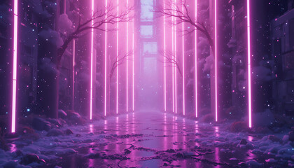 Neon Pink Alleyway with Bare Trees and Snow urban futuristic