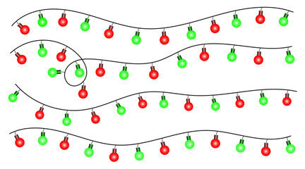 Red and green glowing string light bulbs hanging on curved black cables in a transparent background illustration for lighting decoration