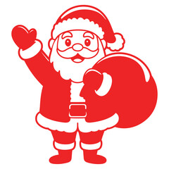 Stylized red and white Santa Claus illustration with cheerful expression, waving hand, and gift sack on white background
