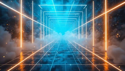 Orange and Blue Neon Corridor with Smoke and Particles
