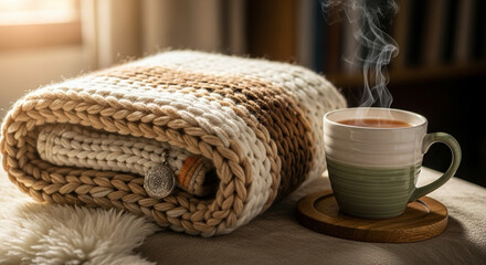 Obraz premium comfort object composition — folded blanket, warm tea, soft light, symbolic care