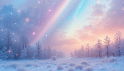 Pastel Winter Landscape with Rainbow Sky and Trees