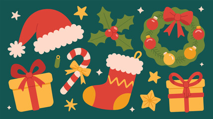 Christmas icons set with Santa hat, candy cane, stocking, holly, wreath, gifts, and stars on dark green festive background