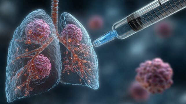 3d lung illustration with syringe delivering treatment to infected lung tissue, highlighting pulmonary disease therapy and targeted respiratory intervention.