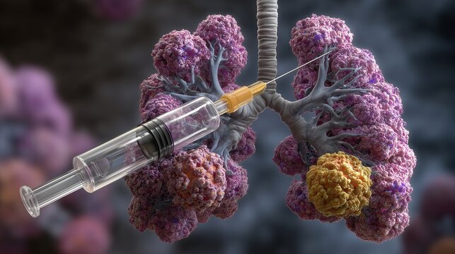 3d illustration of lung with tumor nodule and syringe indicating respiratory infection and lung cancer concept.