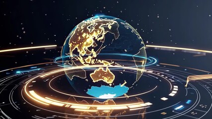 Rotating digital earth globe with futuristic hologram rings, global communication and technology network concept - Powered by Adobe