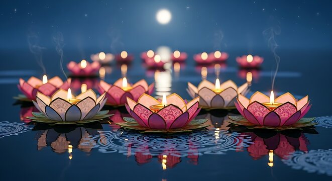 Floating lotus flower candles glowing on water reflecting a serene full moon