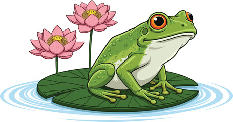 frog, cartoon, lily pad, lotus, water, nature, green, amphibian, cute, illustration, animal, pond, ripple, flower, pink, aquatic, character, vibrant, kids, wildlife