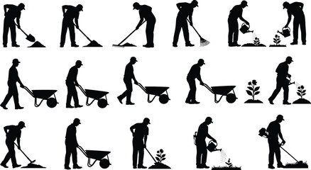 Gardening activity sequence, silhouette icons, planting, watering, wheelbarrow, soil preparation, plant growth, outdoor work, garden care, black figures