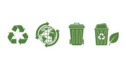 Green recycling icons earth bins and leaf for environmental awareness