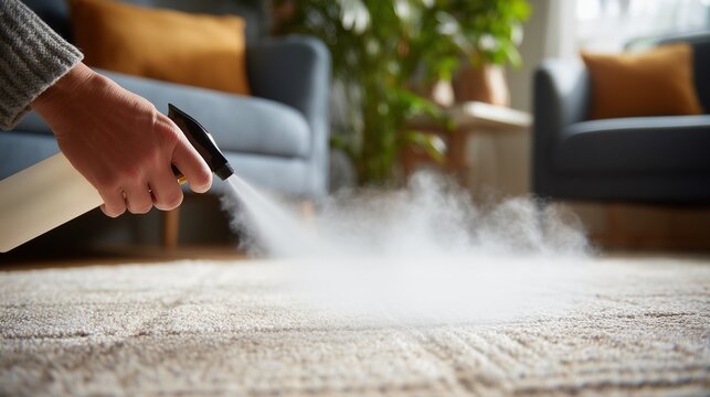 Handheld steam cleaner releasing steam on a living room carpet near sofa, indicating professional carpet cleaning service and deep steam sanitation.