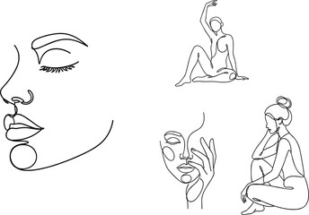 Minimalist line art, abstract face, seated nude figure, continuous drawing, modern sketch, elegant contour, black and white illustration