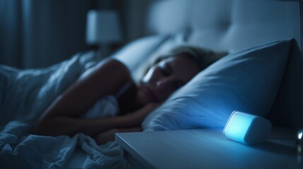 Nighttime scene with sleeping person and bedside device, representing sleep data for apnea control and monitoring.