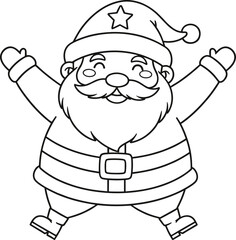 Santa Claus cartoon, festive drawing, holiday character, black and white, Christmas theme, joyful pose, coloring page, seasonal art, winter celebration, kids activity