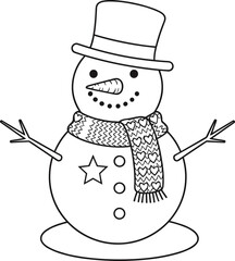 Snowman line drawing, winter coloring, holiday illustration, festive character, top hat, carrot nose, scarf pattern, black and white, seasonal art, kids activity