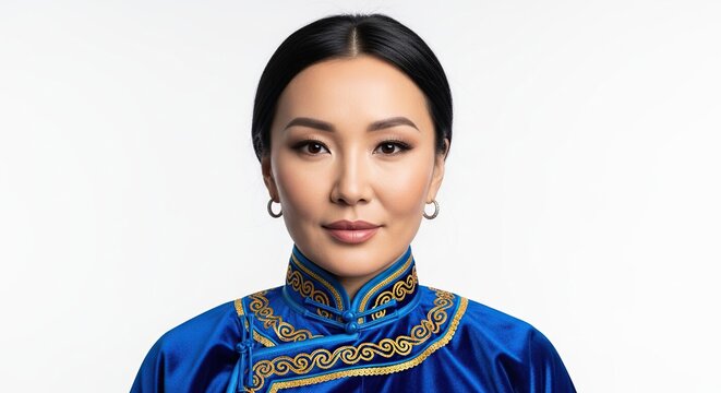 Elegant Asian woman in beautiful traditional blue deel looking at camera isolated on white background
