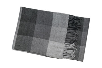Cozy Gray and Black Plaid Wool Blanket Folded with Fringe Detail on Transparent Background
